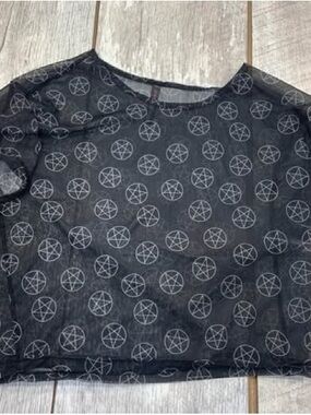 BodyRage Black Sheer Crop Top with White Pentagram Print womens size large